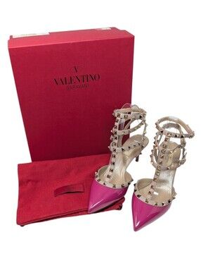 Valentino Garavani Pink Gold Rockstud Cage Gladiator Pointed Toe Pump Size EU 38